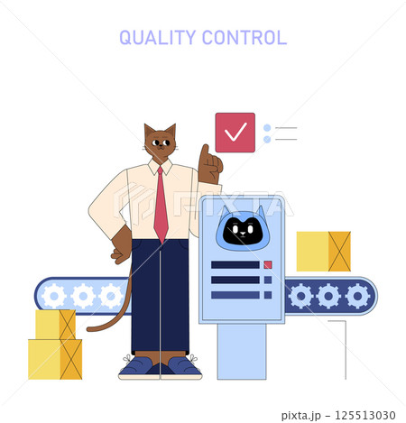 AI streamlining quality control in medium-sized businesses. The illustration features a cat in business attire overseeing a production line, ensuring product standards and efficiency are met. 125513030