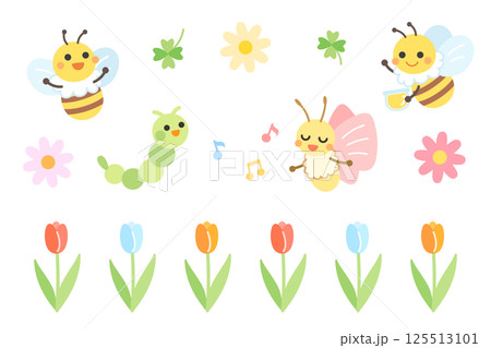 ちょうちょと青虫とミツバチのイラストセット　蝶　芋虫 125513101