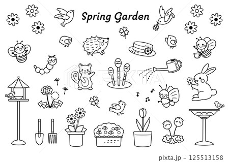 春のイラスト素材セット　モノクロ　かわいい 125513158