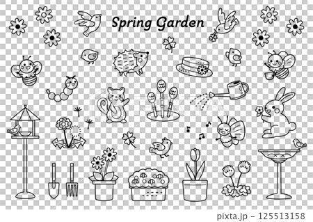 春のイラスト素材セット　モノクロ　かわいい 125513158