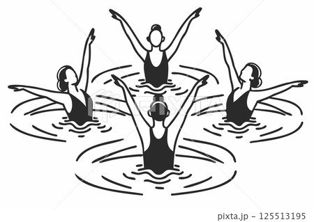 Elegant synchronized swimmers in perfect formation, graceful underwater ballet, minimalist line art illustration of aquatic performance Elegant synchronized swimmers in perfect formation, graceful underwater ballet, minimalist line art illustration of aquatic performance 125513195