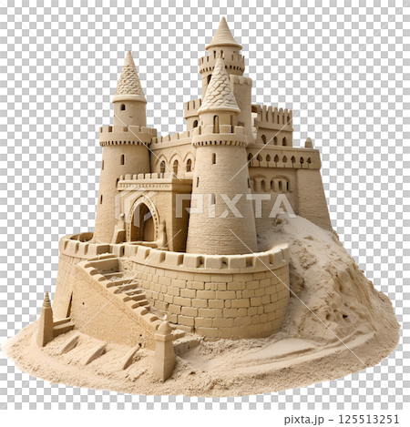 Small sandcastle isolated on transparent background, ideal for creative designs and summer visuals 125513251