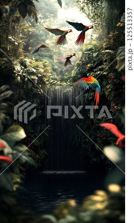 colourful parrot bird flying on the lake 125513357