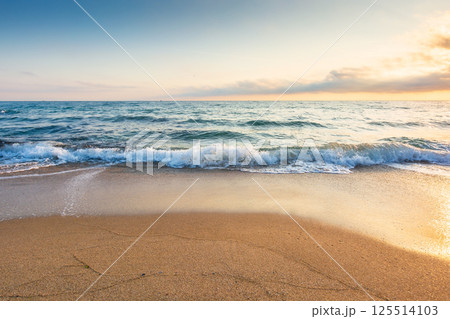 empty beach in the forenoon. beautiful landscape at the black sea. waves washing the sand on the shore. clouds glowing in morning light. calm summer vacation and travel destination 125514103