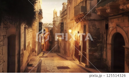 Medieval cityscape with narrow street and old buildings 125514326