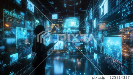 Person Navigating A Digital Landscape Person Navigating A Digital Landscape 125514337