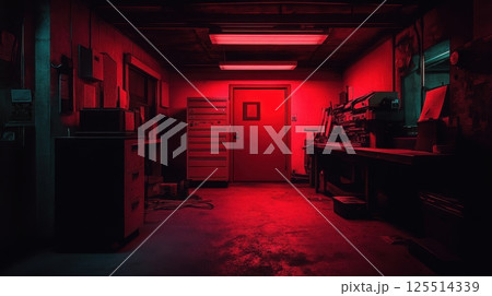 Inside A Photographers Darkroom With Faint Red Light 125514339