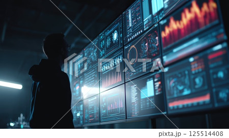 Man Analyzing Data On Large Screens in a High-Tech Environment 125514408