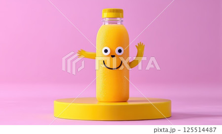 Yellow Bottle With Smiley Face and Arms on a Pink Background 125514487