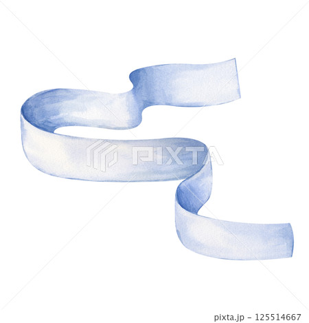 A curly blue ribbon, hand-drawn. Watercolor illustration isolated on a white background. For different greeting designs. 125514667