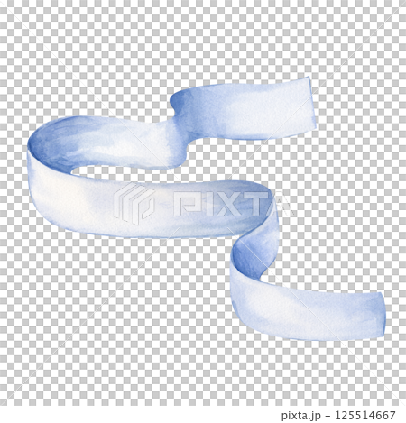 A curly blue ribbon, hand-drawn. Watercolor illustration isolated on a white background. For different greeting designs. 125514667