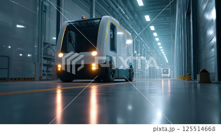 Autonomous Delivery Vehicle Inside High-Tech Industrial Facility with Bright Lighting 125514668