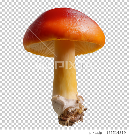 Studio macro photo of Amanita caesarea mushroom with red cap and yellow stem isolated on transparent background showing detailed natural texture Studio macro photo of Amanita caesarea mushroom with red cap and yellow stem isolated on transparent background showing detailed natural texture 125514819