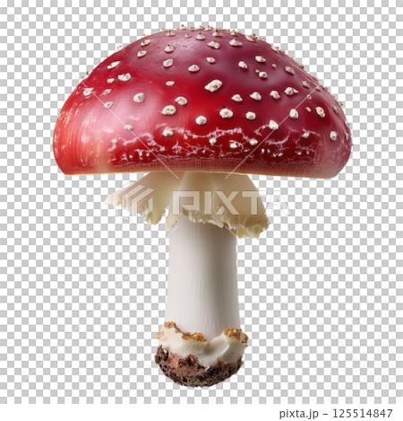 Studio macro photo of Amanita muscaria fly agaric mushroom with red cap and white warts isolated on transparent background 125514847
