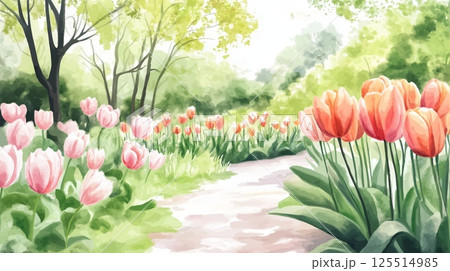 Keukenhof Gardens. Keukenhof Gardens hand drawn watercolor illustration 125514985