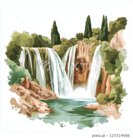 Kravica Waterfalls. Kravica Waterfalls hand drawn watercolor illustration 125514986