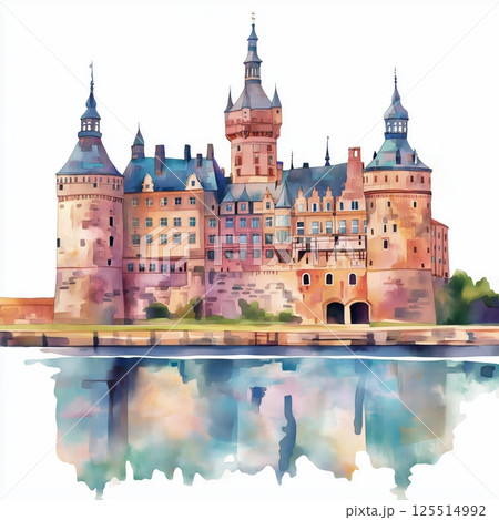 Kronborg Castle. Kronborg Castle hand drawn watercolor illustration Kronborg Castle. Kronborg Castle hand drawn watercolor illustration 125514992