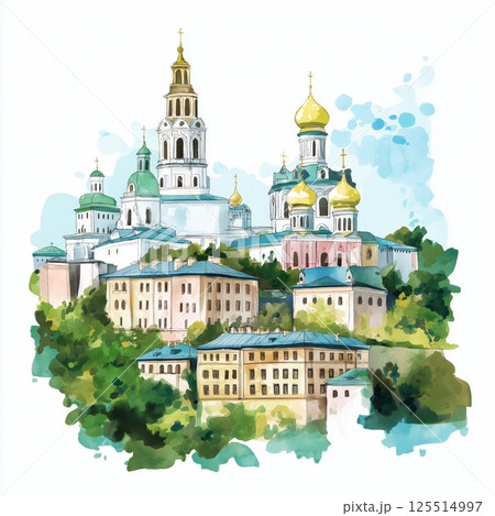Kyiv Pechersk Lavra. Kyiv Pechersk Lavra hand drawn watercolor illustration 125514997