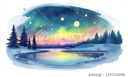 Northern Lights in Lapland. Northern Lights in Lapland hand drawn watercolor illustration 125515046