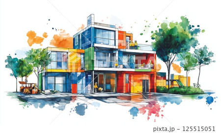 LEGO House in Billund. LEGO House in Billund hand drawn watercolor illustration LEGO House in Billund. LEGO House in Billund hand drawn watercolor illustration 125515051