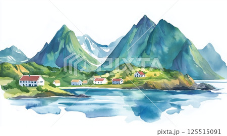 Lofoten Islands. Lofoten Islands hand drawn watercolor illustration 125515091