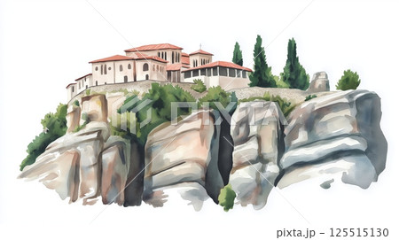 Meteora Monasteries. Meteora Monasteries hand drawn watercolor illustration 125515130