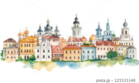 Minsk Old Town. Minsk Old Town hand drawn watercolor illustration Minsk Old Town. Minsk Old Town hand drawn watercolor illustration 125515140