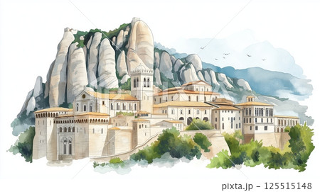 Montserrat Monastery. Montserrat Monastery hand drawn watercolor illustration Montserrat Monastery. Montserrat Monastery hand drawn watercolor illustration 125515148