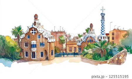 Park Guell. Park Guell hand drawn watercolor illustration 125515195
