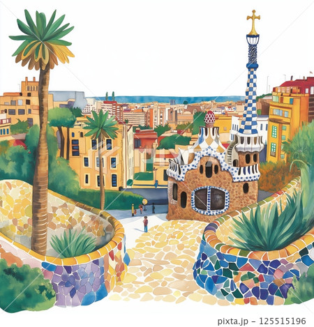 Park Guell. Park Guell hand drawn watercolor illustration 125515196