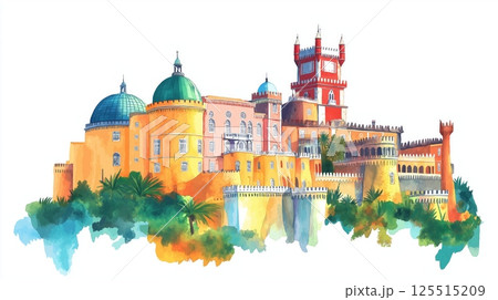 Pena Palace. Pena Palace hand drawn watercolor illustration Pena Palace. Pena Palace hand drawn watercolor illustration 125515209
