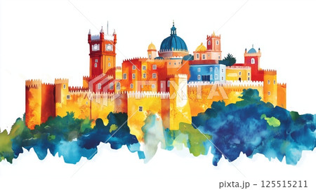 Pena Palace. Pena Palace hand drawn watercolor illustration Pena Palace. Pena Palace hand drawn watercolor illustration 125515211