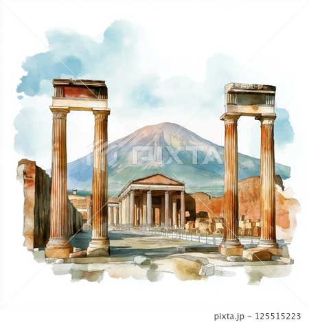 Pompeii Ruins. Pompeii Ruins hand drawn watercolor illustration 125515223