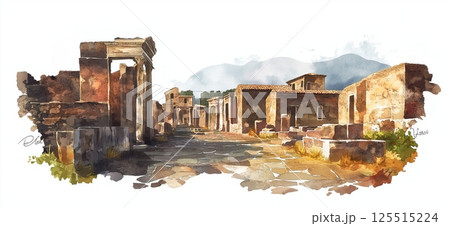 Pompeii Ruins. Pompeii Ruins hand drawn watercolor illustration 125515224