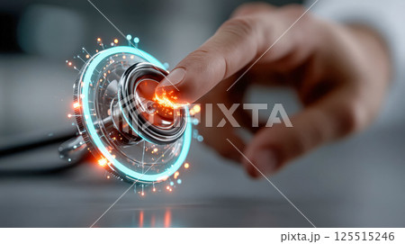 Doctor hand interacting with a futuristic glowing holographic stethoscope interface, symbolizing modern healthcare technology 125515246
