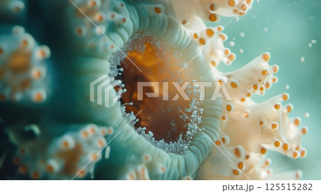 A close-up view of colorful coral in its natural habitat showcases its intricate textures and vibrant colors. Tiny marine creatures swim around, enriching this underwater ecosystem 125515282