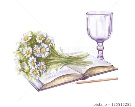 Watercolor summer still life with an open book, a bouquet of daisies lying on it, a pencil and a beautiful glass glass. Each element is hand-drawn. The illustration is isolated on a white background. 125515283