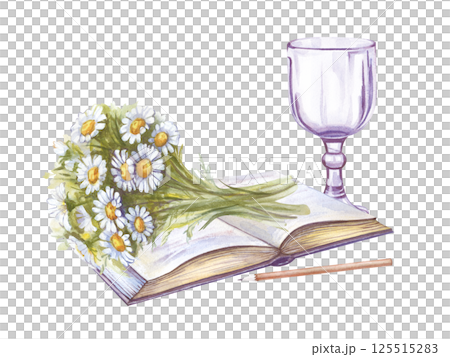 Watercolor summer still life with an open book, a bouquet of daisies lying on it, a pencil and a beautiful glass glass. Each element is hand-drawn. The illustration is isolated on a white background. 125515283