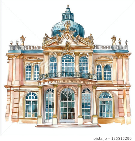 Sanssouci Palace. Sanssouci Palace hand drawn watercolor illustration 125515290