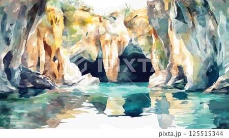 Skocjan Caves. Skocjan Caves hand drawn watercolor illustration 125515344
