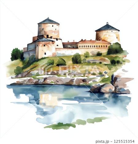 Suomenlinna Fortress. Suomenlinna Fortress hand drawn watercolor illustration Suomenlinna Fortress. Suomenlinna Fortress hand drawn watercolor illustration 125515354