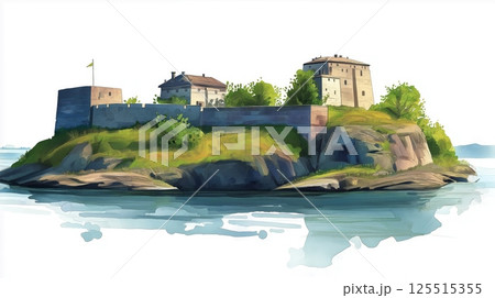 Suomenlinna Fortress. Suomenlinna Fortress hand drawn watercolor illustration Suomenlinna Fortress. Suomenlinna Fortress hand drawn watercolor illustration 125515355
