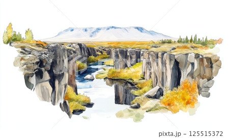 Thingvellir National Park. Thingvellir National Park hand drawn watercolor illustration Thingvellir National Park. Thingvellir National Park hand drawn watercolor illustration 125515372