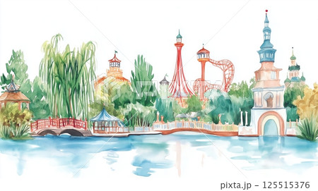 Tivoli Gardens. Tivoli Gardens hand drawn watercolor illustration 125515376