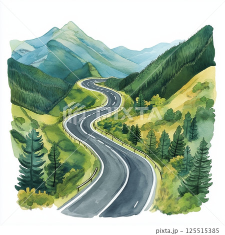 Transfagarasan Highway. Transfagarasan Highway hand drawn watercolor illustration 125515385