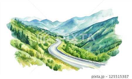 Transfagarasan Highway. Transfagarasan Highway hand drawn watercolor illustration 125515387