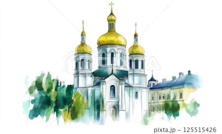 St. Sophias Cathedral. St. Sophias Cathedral hand drawn watercolor illustration St. Sophias Cathedral. St. Sophias Cathedral hand drawn watercolor illustration 125515426