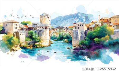 Stari Most. Stari Most hand drawn watercolor...のイラスト素材 [125515432] - PIXTA