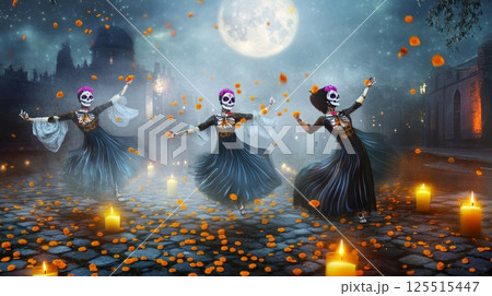 Mystical day of the dead celebration with dancing catrinas under a full moon 125515447