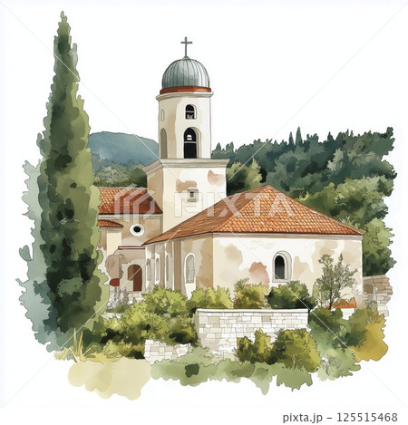 Studenica Monastery. Studenica Monastery hand drawn watercolor illustration Studenica Monastery. Studenica Monastery hand drawn watercolor illustration 125515468